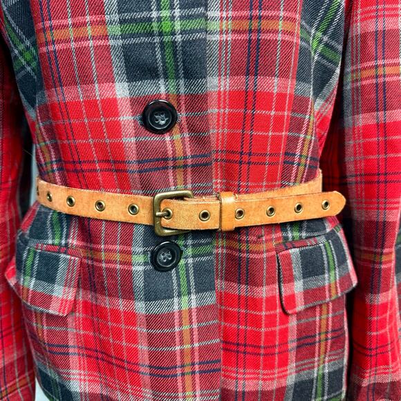 Vintage Rafaella Red Tartan Plaid Worsted Wool Blazer & Leather Linea Pelle Belt - Picture 2 of 9